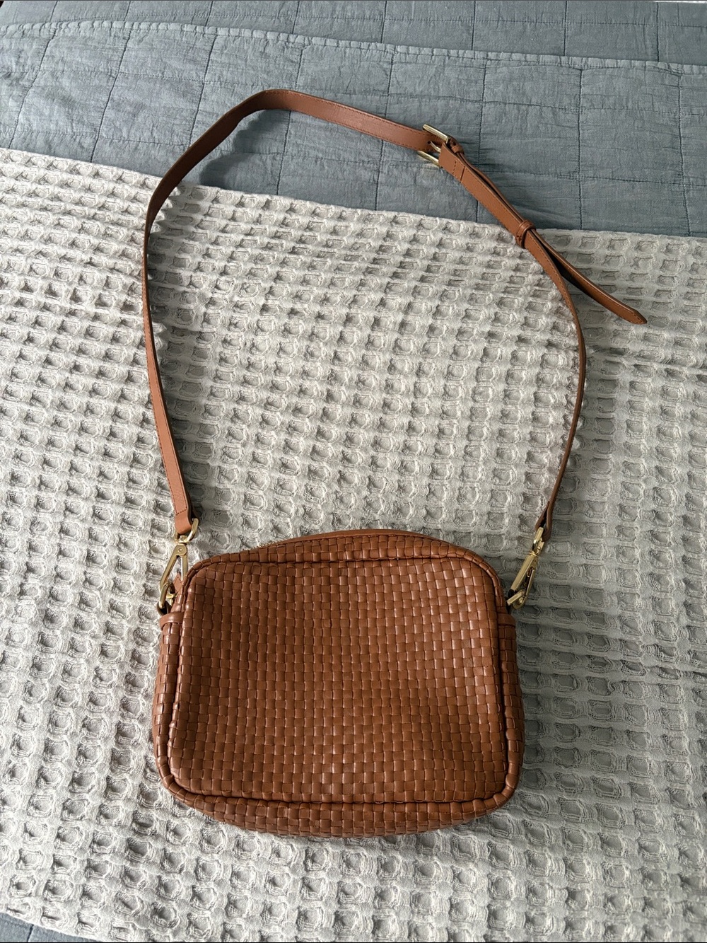Quince Woven Leather Crossbody Bag in Brown with Gold Hardware